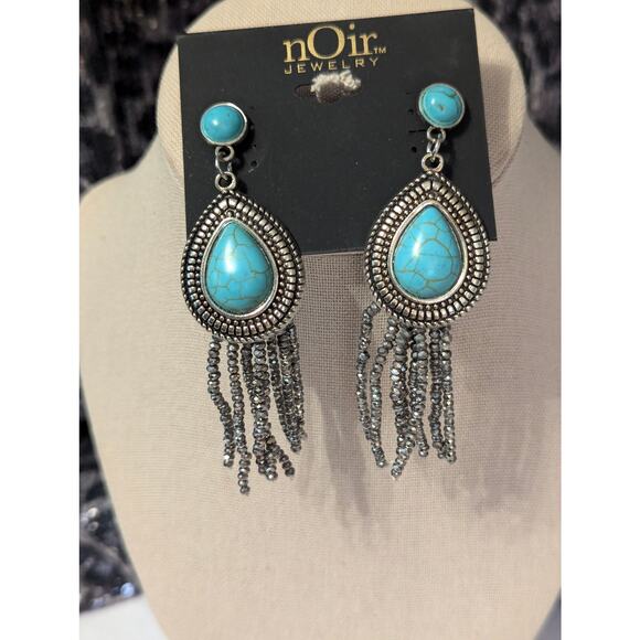 Turquoise Teardrop Dangle Fringe Earrings - Picture 3 of 8